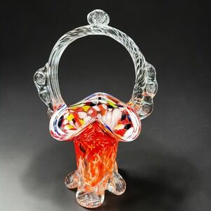 Confetti Blown Glass Basket Ruffled Rim Clear Twisted Handle‎ Rosettes 9in Red